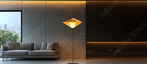 A modern minimalist home interior design with clean lines, sleek furniture, and neutral color palette, featuring an open-concept living space