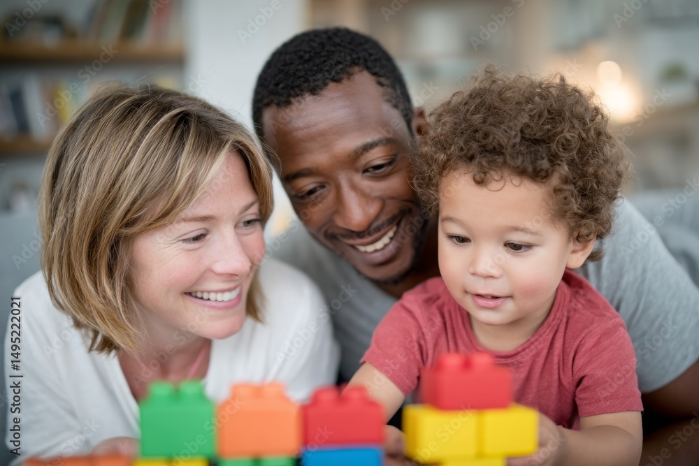 A young man is sharing his mobile phone with friends as they play a toy block game at home A young man is sharing his mobile phone with friends as they play a toy block game at home