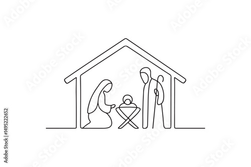 Stable with Holy Family continuous one line drawing minimalism design