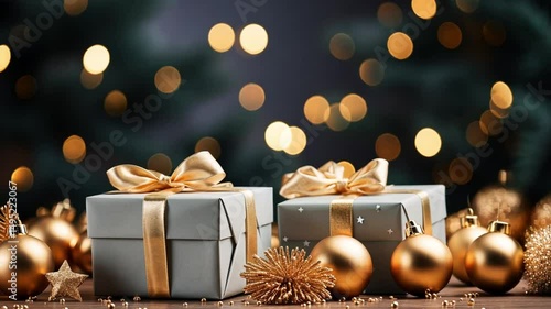 Present box on the background from bokeh and lights, decorations and concept of event