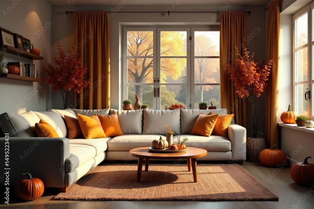 Obraz premium Cozy living room with autumnal decorations, pumpkins, and warm lighting , autumn leaves, artwork