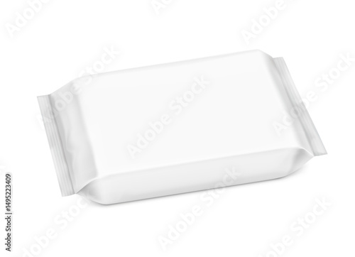 Realistic flow packaging mockup. Front view. Vector illustration isolated on white background. Can be use for your design, promo, adv and etc. EPS10.