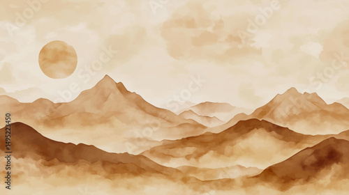 Luxurious watercolor brown mountain background with oriental style elements and rich textures for sophisticated design - vector illustration