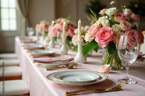 Elegant wedding reception tablescape featuring floral arrangements, gold cutlery, and fine china , reception, elegant, celebration