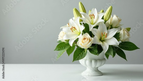 Elegant white lilies and roses funeral arrangement in a classic urn Perfect for sympathy and remembrance , spiritual, arrangement