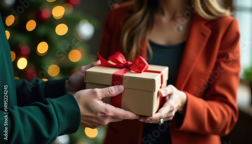 Happy customer receiving a perfectly wrapped gift, showcasing exceptional service , bow, quality