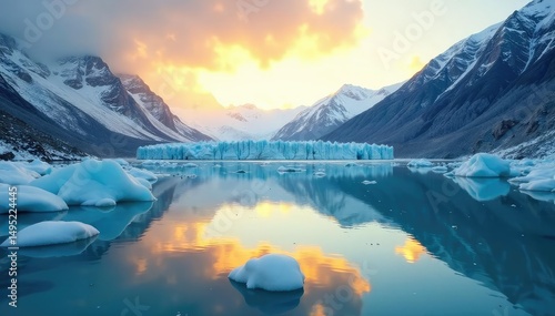 Icy blue glacier reflecting in a yellow-hued, sunlit lake Cold, winter landscape Stunning contrast , frigid, mountain