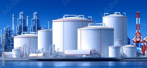 In a wide angle photo, Stock's interpretation of the clean H2 energy concept is embodied by a hydrogen power plant equipped with large steel tanks and pipes