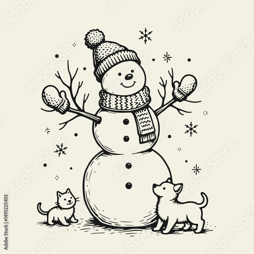 Black and white vector illustration of a cheerful snowman with a cat and dog, drawn in vintage linocut style with bold lines and high contrast, perfect for holiday designs and prints.