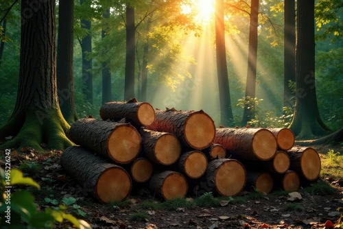 Sunlight dappled through the canopy onto a pile of freshly cut logs in a forest , harvesting, timber industry, deforestation