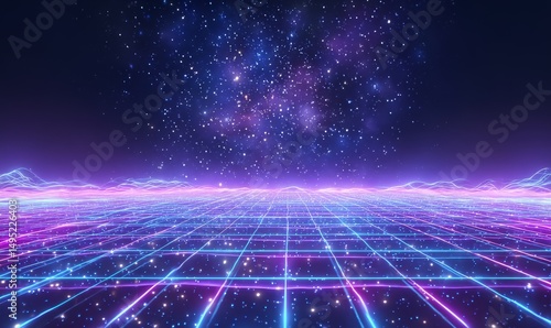 An abstract digital background serves as the foundation for a synthwave wireframe net illustration, adorned with neon lights, a cyber grid, and a starry background, all of which pay homage to the