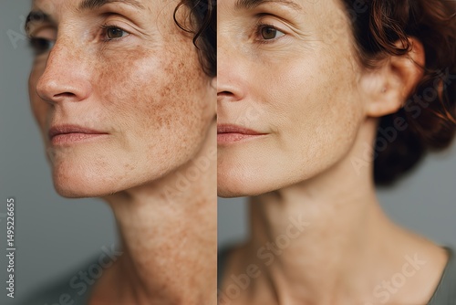 Before and after close-up showcasing freckle reduction and skin smoothness improvement through cosmetic or skincare treatments.