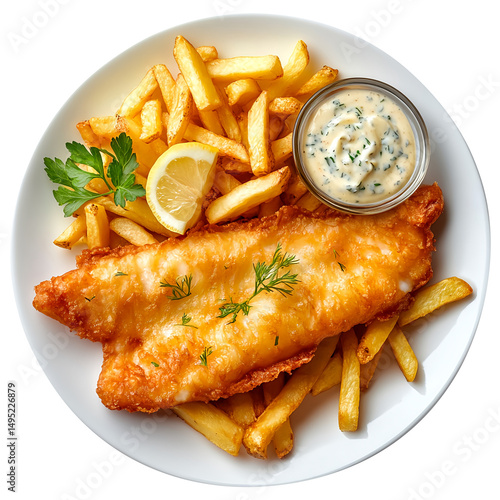 Crispy fish and chips served with a lemon wedge and tartar sauce on a white plate. Classic British dish for a delicious meal, isolated on fully transparent png background