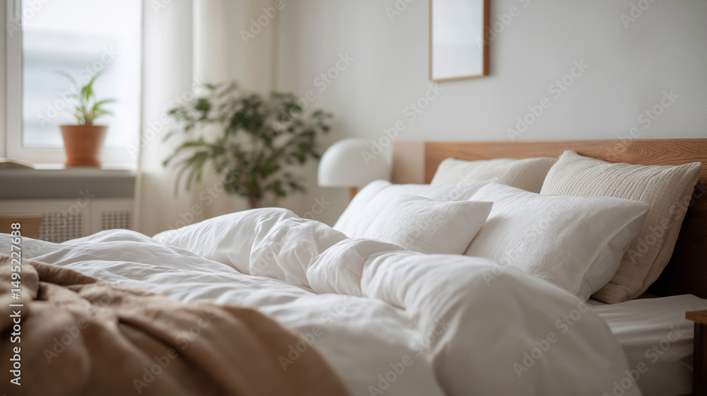 Fototapeta premium Cozy unmade bed with white pillows and blanket in bright bedroom interior with wooden headboard and houseplants.