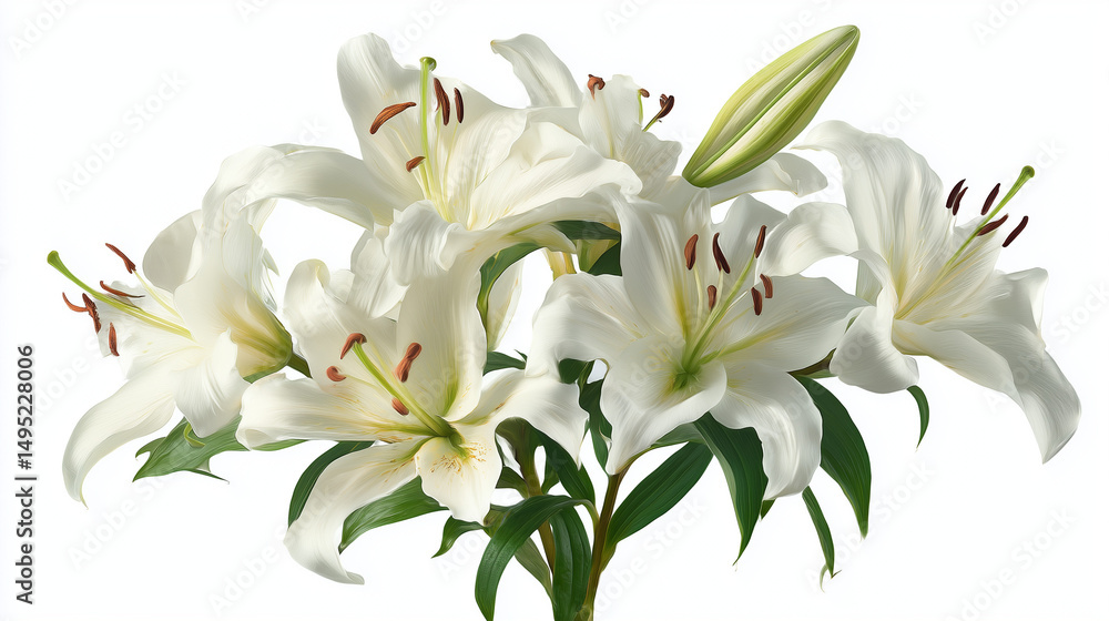 Obraz premium Elegant white lily bouquet in full bloom, isolated on a pure white background.