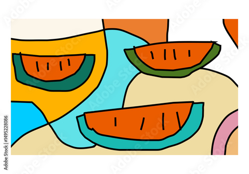 playful abstract illustration featuring multiple slices of watermelon in bold, flat colors and expressive black outlines.