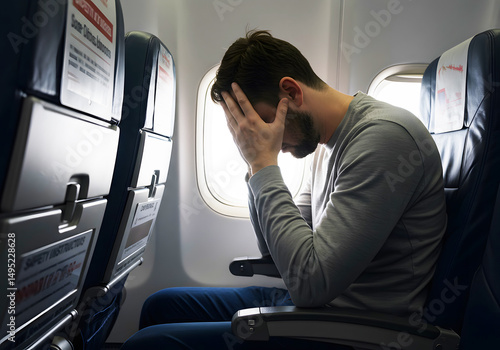 A Stressed Man on a Plane During a Flight Experiencing Anxiety and Discomfort