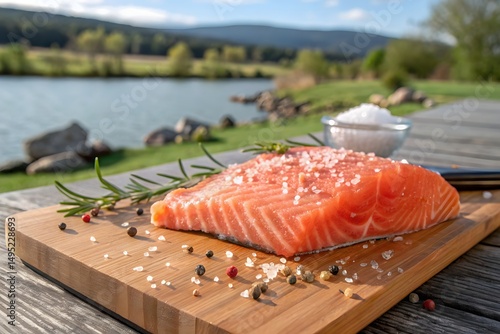 Fresh Salmon Fillet Sprinkled with Salt on a Wooden Board Outdoors