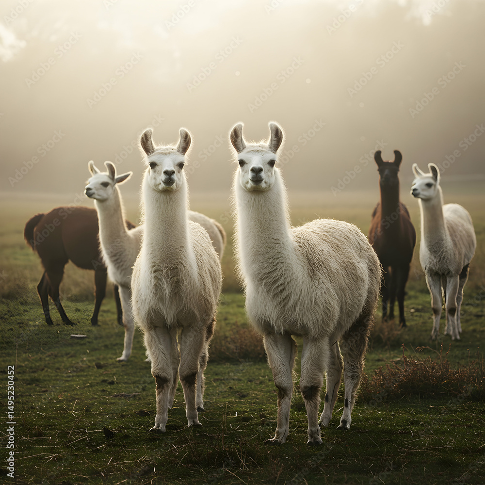 Obraz premium Llamas in Misty Field Majestic Alpaca Herd