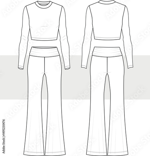 Women's crop top and flared leggings pants set fashion drawing, Technical flat sketch, illustration. Front and back view, Cad, Mockup.