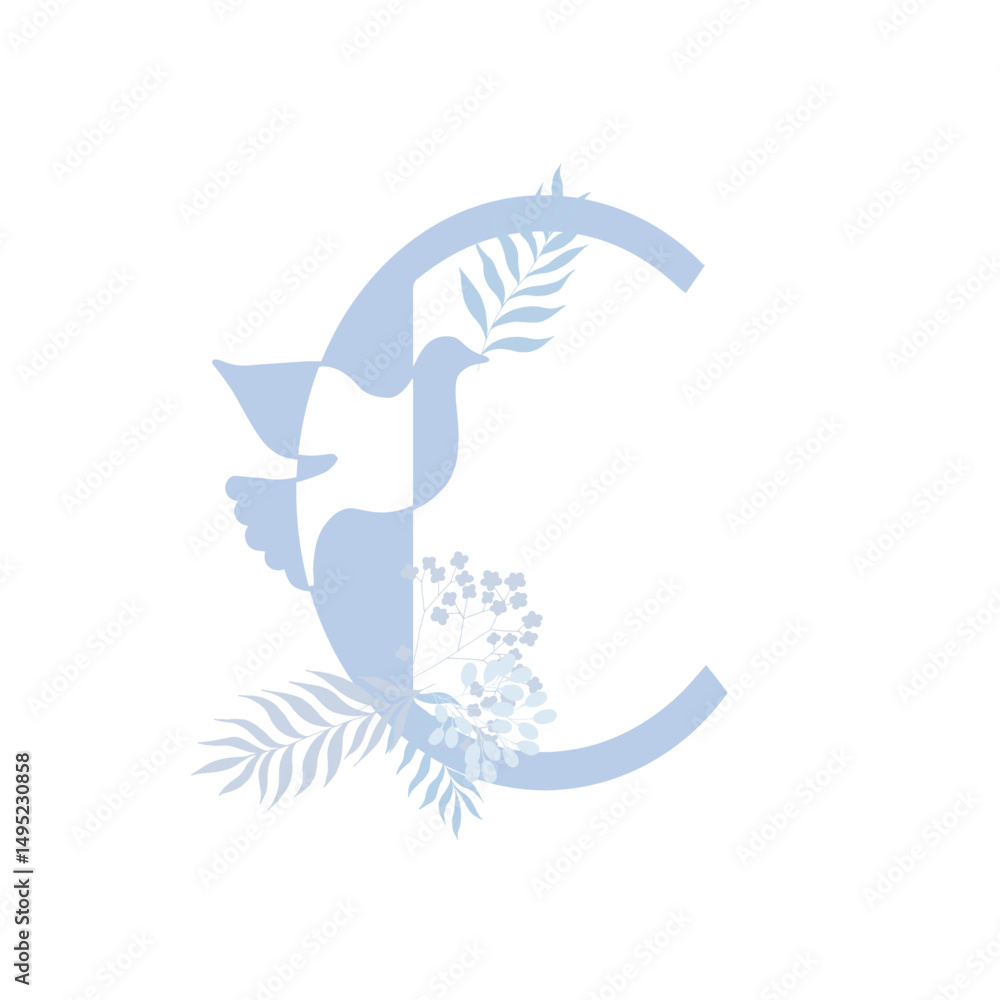 Fototapeta premium Tender blue peace family monogram. Latin letter C with dove and palm leaves on white background