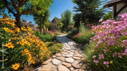 Stone Pathway Leading Through a Lush Flower Garden on a Sunny Day, Representing Serenity and Outdoor Recreation With a Focus on Landscaping : Generative AI