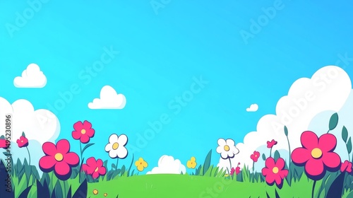 Vibrant wildflower meadow under dynamic clouds, generous copy space, isolated white background, ideal for creative projects