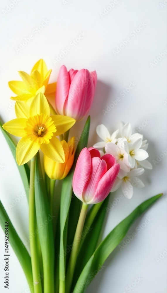 Fototapeta premium Delicate tulips, daffodils, hyacinths arranged on white , bloom, blossom