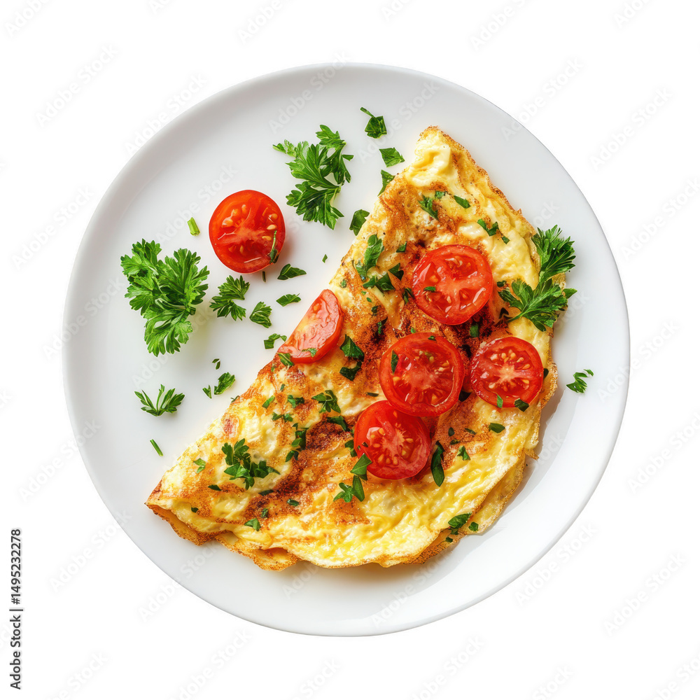 Omelette with tomatoes and parsley on plate isolated on transparent background Omelette with tomatoes and parsley on plate isolated on transparent background