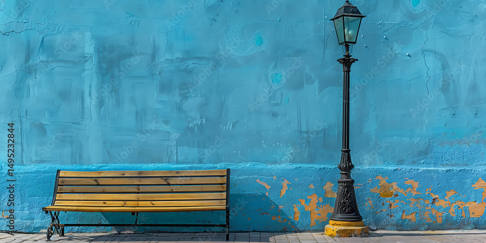 Wooden bench and black street lamp against vibrant blue wall with subtle textures and orange paint streak background
Wooden bench and black street lamp against vibrant blue wall with subtle textures and orange paint streak background