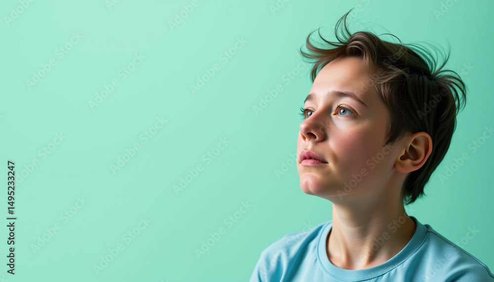 Fototapeta premium Thoughtful young person gazes upward against soft mint green background, reflecting moment of contemplation and introspection