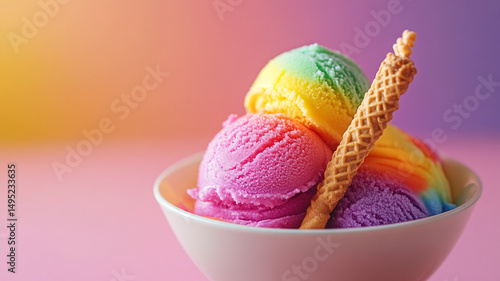 Vibrant rainbow sherbet scoops with a wafer stick. Colorful and refreshing frozen dessert.