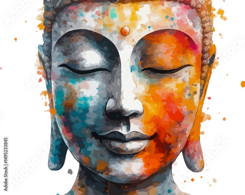 Peaceful watercolor portrait of Buddha face with serene expression and soft brushstrokes - vector illustration