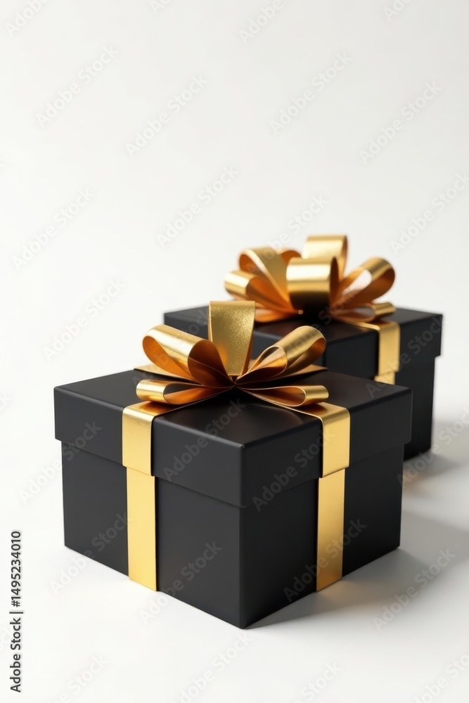 Obraz premium Elegant gold & black gift boxes, gold ribbon bows Isolated white background , packaging, celebration, sale