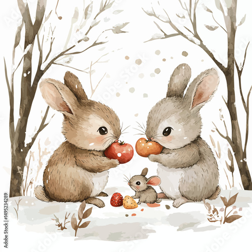 Charming watercolor illustration of cute little bunnies sitting in the snow eating fruits in a winter scene - vector illustration