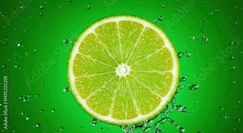A freshly sliced lime with water splashes against a bright green background, full of freshness.