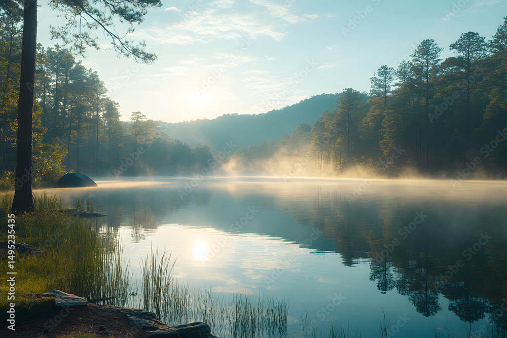 Fototapeta premium Georgia Lake. Red Top Mountain State Park Camping Grounds at Dawn
