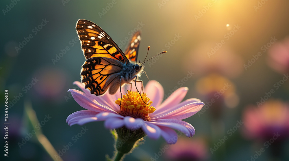 Obraz premium Close-up microphotography of a tiny glowing fairy butterfly landing on a flower, soft magical light, children’s illustration style