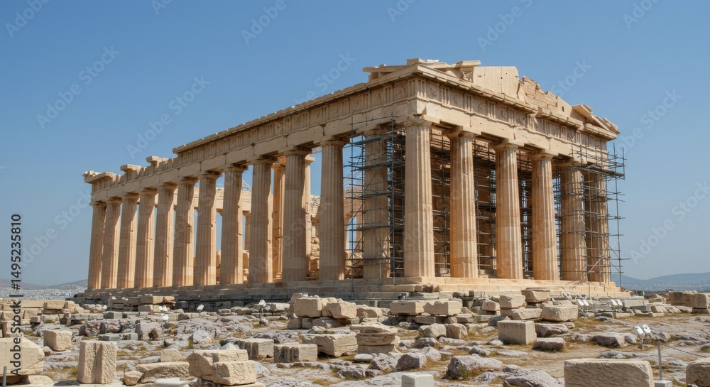 Obraz premium The Parthenon on the Acropolis, an ancient Greek temple with majestic columns under a clear blue sky.