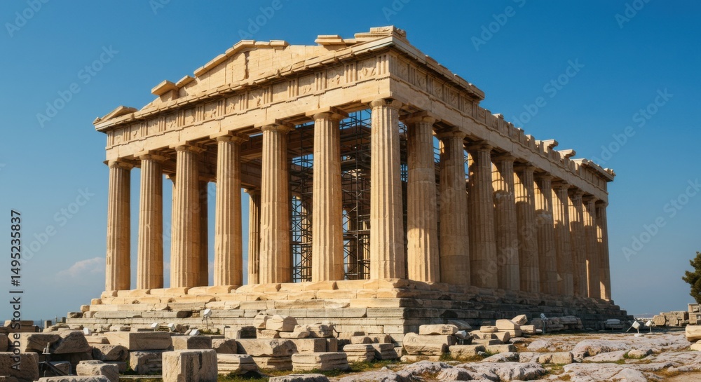 Fototapeta premium The Parthenon, a historic temple in Athens, Greece, under a bright, blue sky.