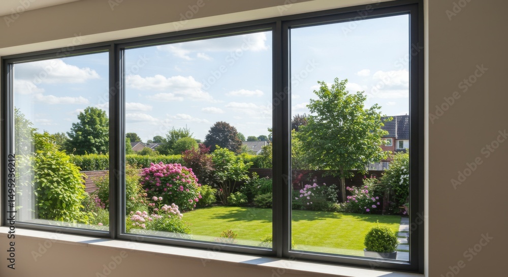 Naklejka premium A bright sunny day shows a vibrant garden with lush greenery as seen through a window.