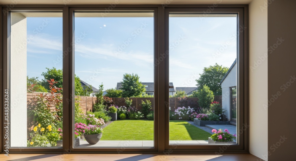 The inviting view of a lush, green garden is framed by large glass doors on a sunny day. The inviting view of a lush, green garden is framed by large glass doors on a sunny day.