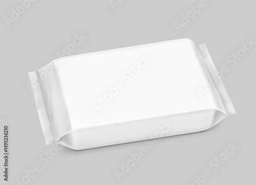 Realistic flow packaging mockup. Front view. Vector illustration isolated on grey background. Can be use for your design, promo, adv and etc. EPS10.