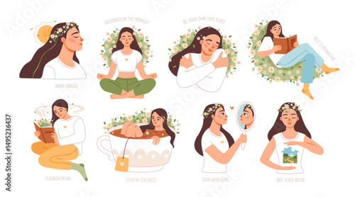 Mental health and wellness concepts. Mindfulness, self-care, and self-love. Flat vector illustration depicting therapy, meditation, and positivity.