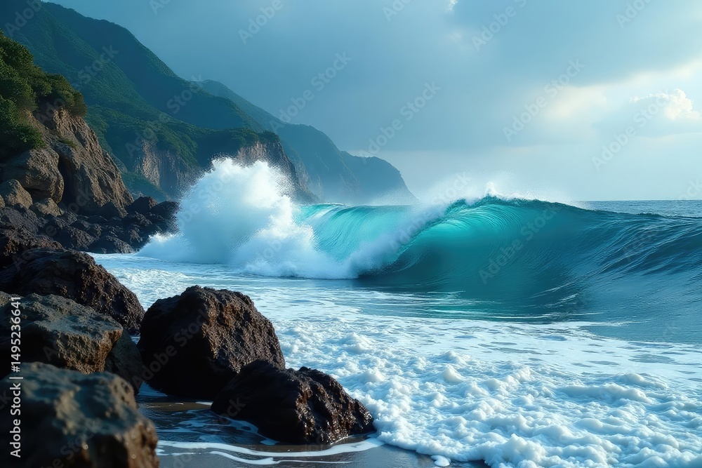 Fototapeta premium Powerful ocean waves crashing on a rocky shore, creating white foam and spray , power, horizon, surf