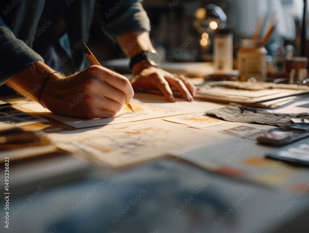 Obraz premium Artist Drawing Sketches at Wooden Desk Under Warm Light, Illustrating Creativity and Design Process for Art Education and Creative Inspiration : Generative AI