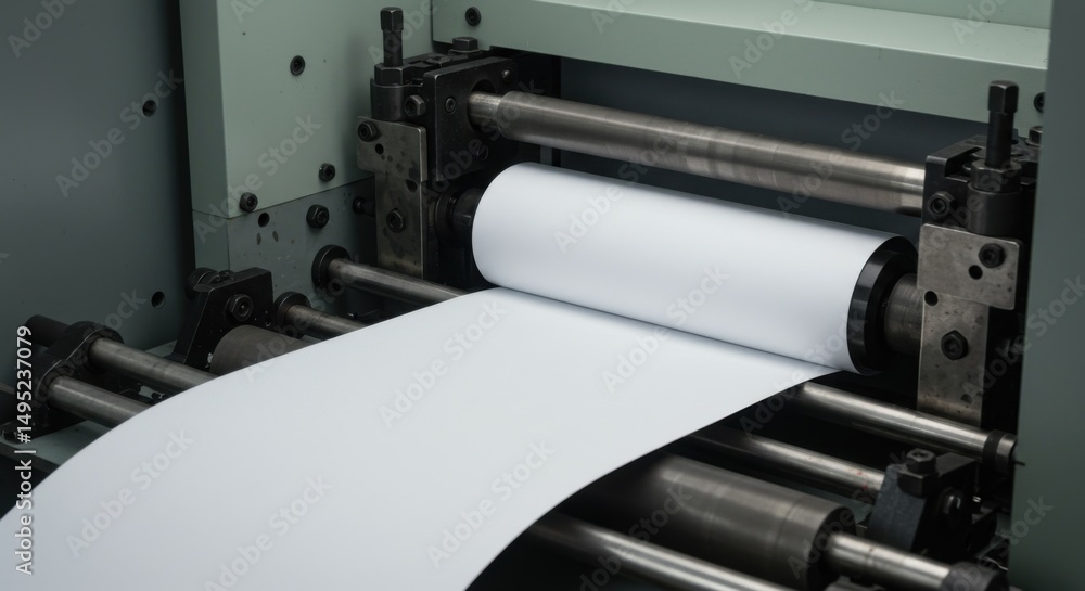 Fototapeta premium Close-up of an industrial machine rolling out a continuous sheet of white paper.