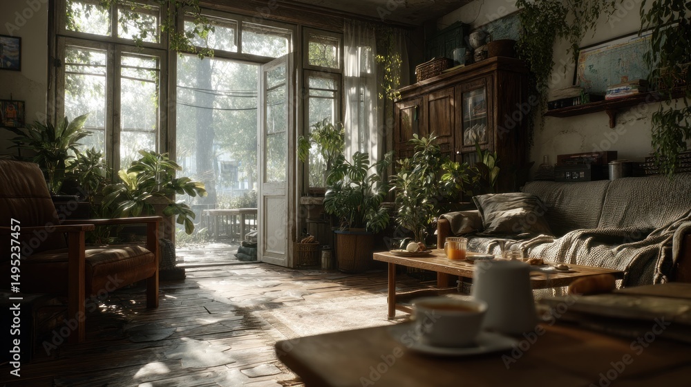 Fototapeta premium Cozy Living Room Bathed in Morning Sunlight with Open Windows