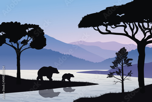 Peaceful Wildlife Scene of a Bear Family Near a Forest River at Sunset. Nature Landscape with Silhouetted Trees, Calm Water, and Majestic Mountain Range