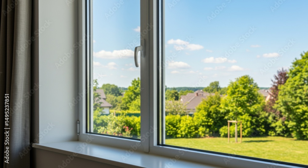 Fototapeta premium A window provides a scenic view of homes, lush trees, and a bright blue sky on a sunny day.